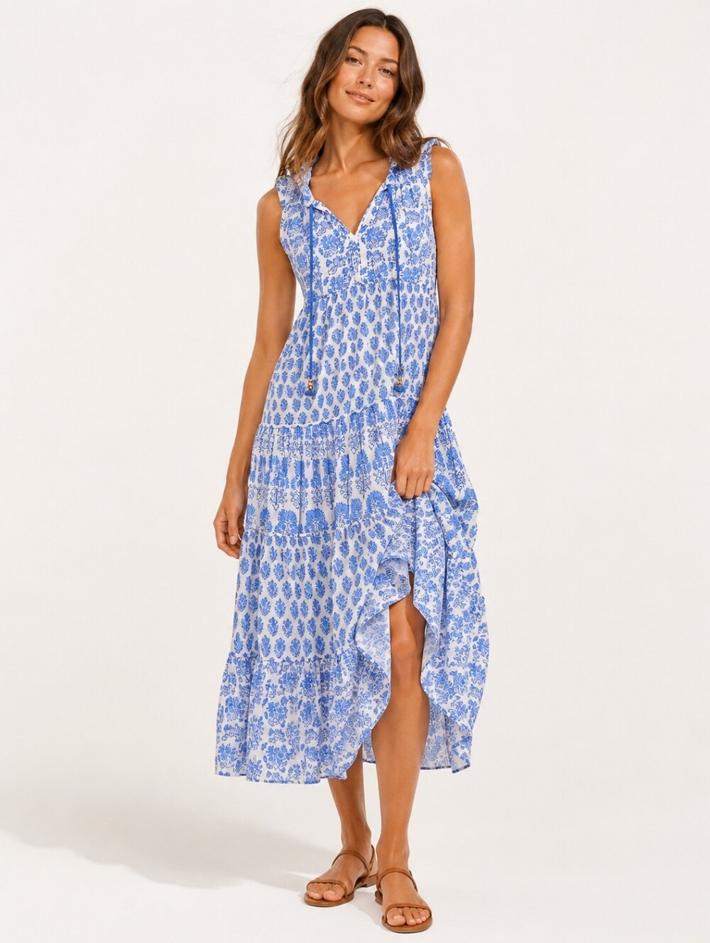 Calypso St Barth Daria Halter Maxi Dress Blue White Cotton Women's Medium Beach